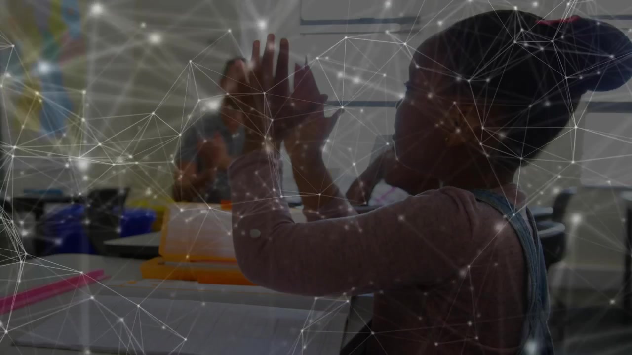 Teacher clapping hands and starting rhythm icons above desks while girl copying claps for education
