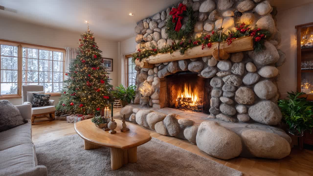 Cozy Holiday Living Room with Christmas Tree, Stone Fireplace, and Festive Decorations Creating a Warm Atmosphere Perfect for Gatherings and Celebrations