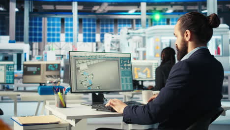 ingeniero en una fábrica fotovoltaica que utiliza la computadora para diagnosticar sistemas