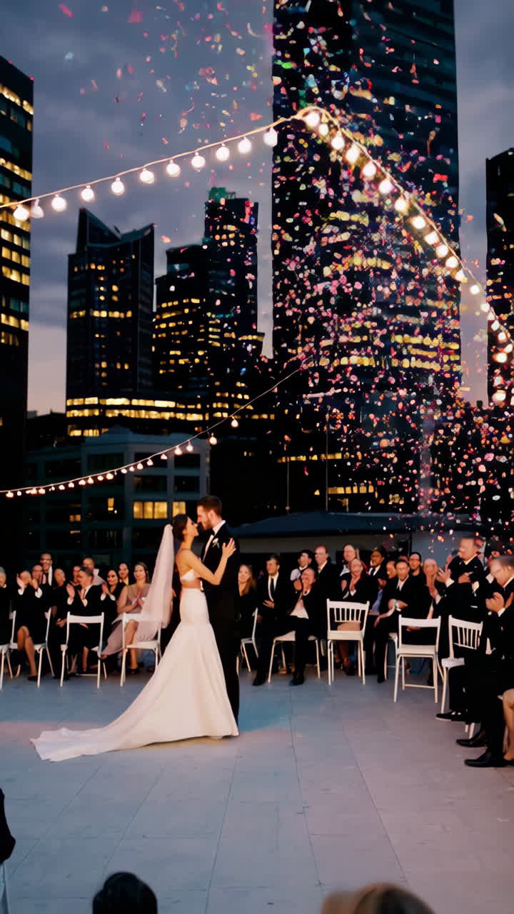 Rooftop Wedding First Dance and Kiss with Confetti Against a City Skyline