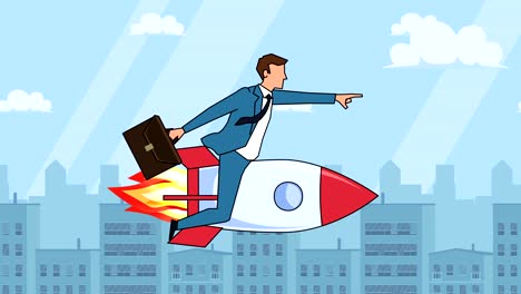 flat cartoon businessman character with case bag  fly on rocket startup concept animation