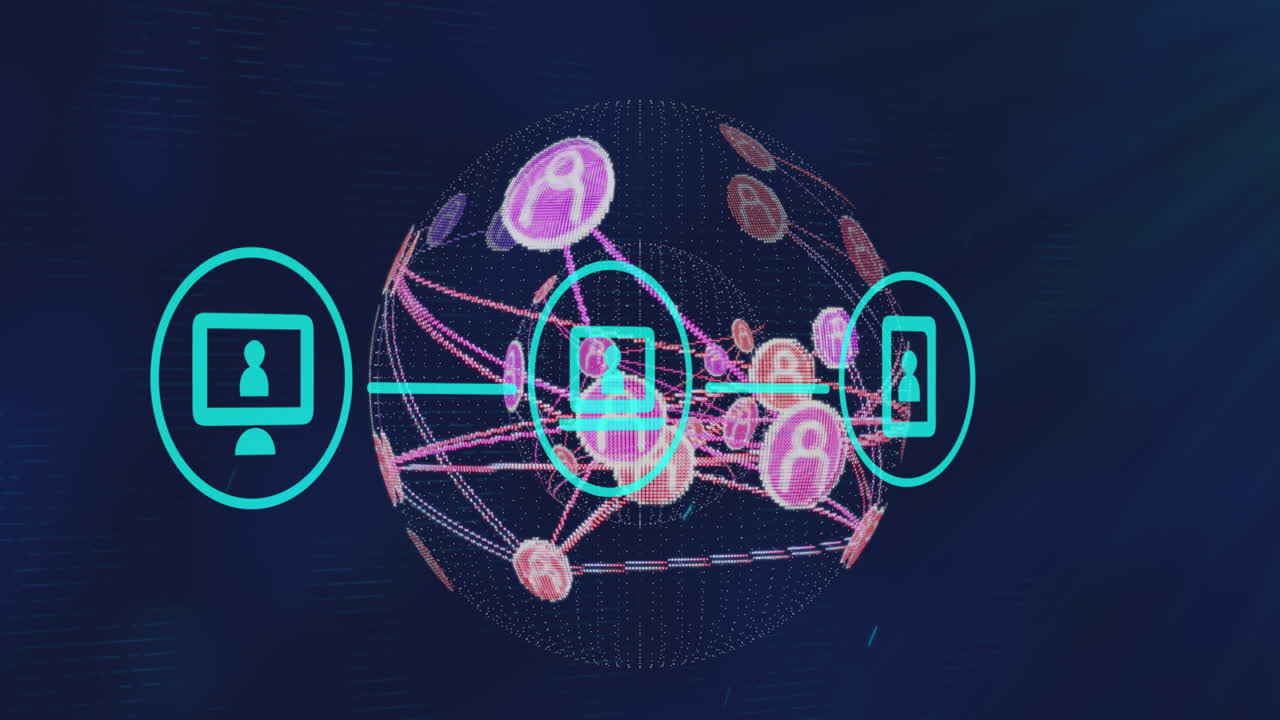 анимация сети цифровых икон на глобусе икон профиля на синем фоне.