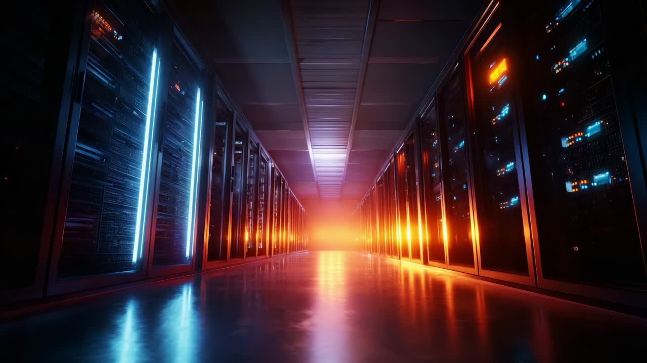 An expansive view of a modern data center corridor illuminated by striking blue and orange lights, showcasing advanced server racks arranged in a sleek, futuristic environment that emphasizes technology's pivotal role in information management