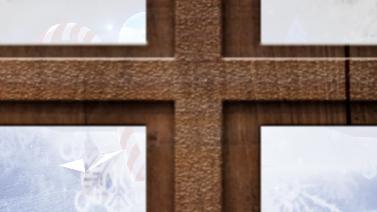 창문 을 통해 볼 수 있는 겨울 풍경 과 크리스마스 장식 의 애니메이션