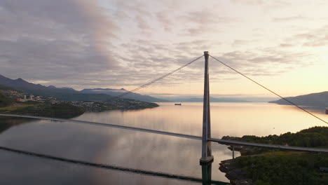 halogaland suspension bridge spanning rombaksfjorden, narvik. sunset drone