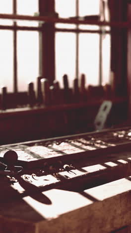 vintage woodworking workshop: close-up of tools and wood