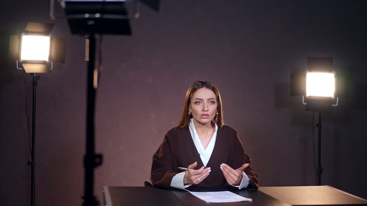 Long-haired Caucasian woman in brown jacket talks emotionally on camera. Soffits light the reporter from different sides.