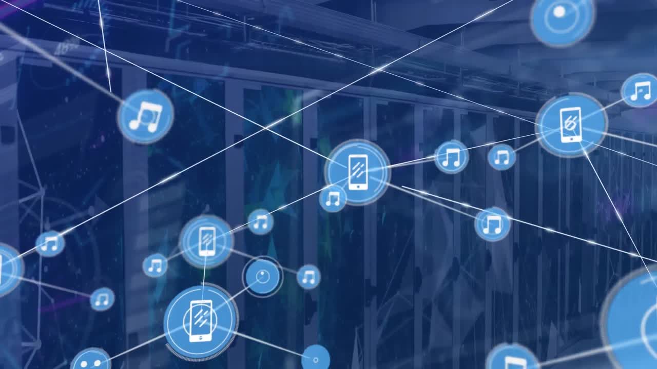 Animation of network of digital icons and plexus networks against computer server room
