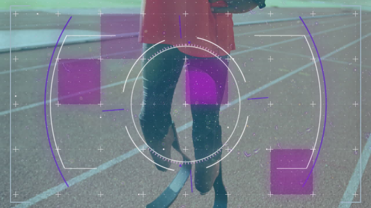 animación del procesamiento de datos digitales sobre un atleta masculino discapacitado con cuchillas de correr en la pista de carreras