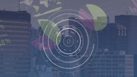 animation of up arrows and infographic interface over circles against aerial view of modern city