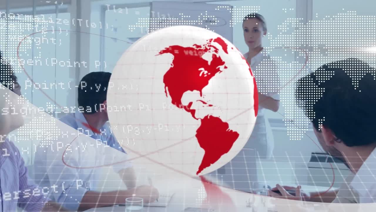 사무실 회의에서 이야기하는 비즈니스 동료들 위에서 회전하는 지구와 데이터 처리의 애니메이션