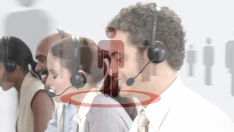 animation of network of connection with icons over business people wearing phone headsets