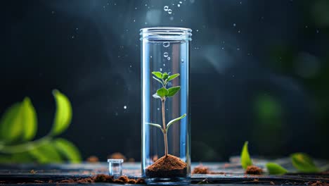 a small plant is growing in a glass container. the container is filled with water and the plant is surrounded by dirt. concept of growth and life, as the plant is thriving in its new environment