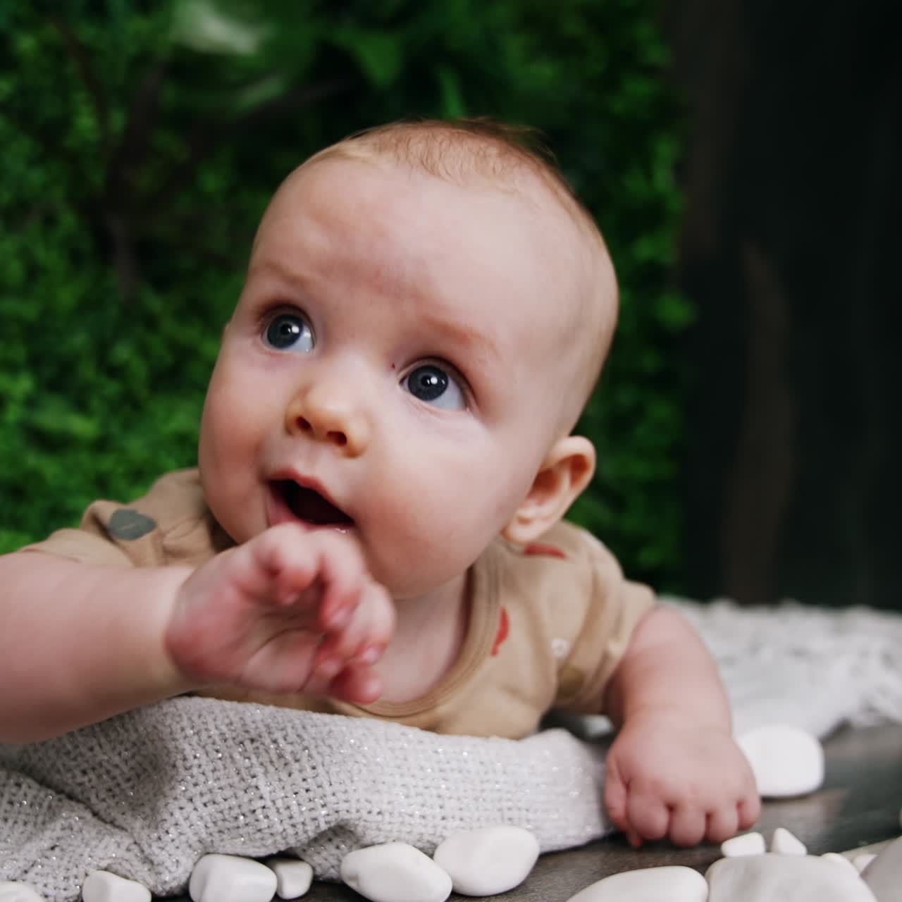 Adorable baby lies on the belly holding head up. Saliva flows from infant's mouth. Surprised child looks at camera. Close up