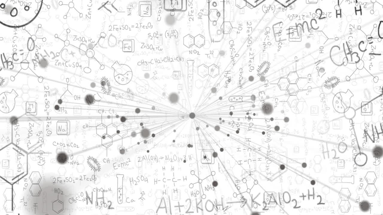 Animation of web of connections over mathematical equations and chemical icons on white background