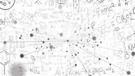 animación de una red de conexiones sobre ecuaciones matemáticas e iconos químicos sobre un fondo blanco