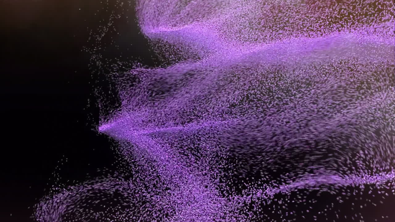 Dynamic purple particles forming abstract shapes on black background