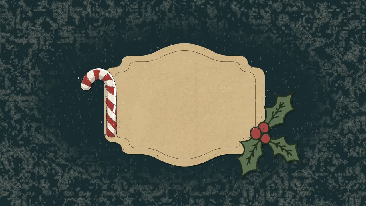 animación de nieve cayendo sobre cañas de caramelo y abeto sobre el letrero con espacio de copia