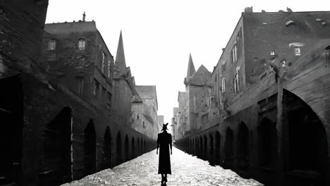 a lone figure walks through a dark, foggy medieval city.