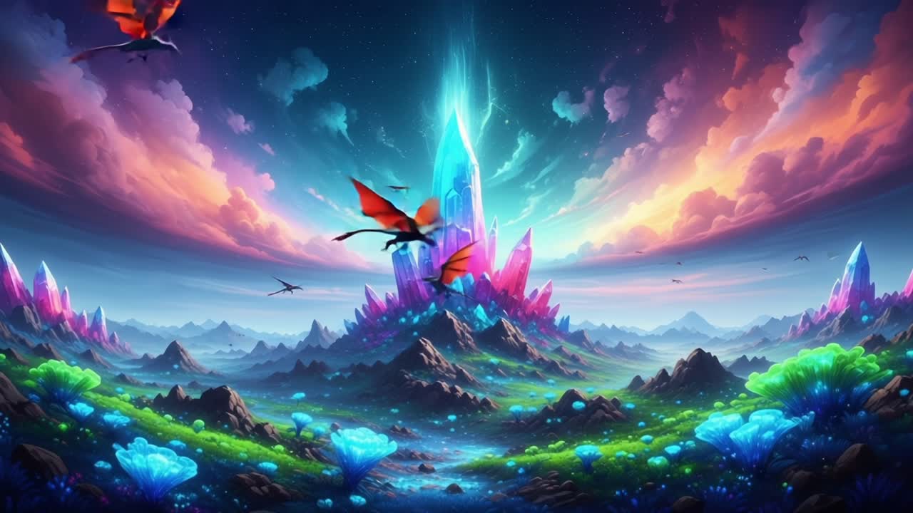 A Vibrant Fantasy Landscape with Luminous Crystals, Flying Dragons, and a Dazzling Sky, Capturing the Essence of an Enchanted World in Stunning Detail