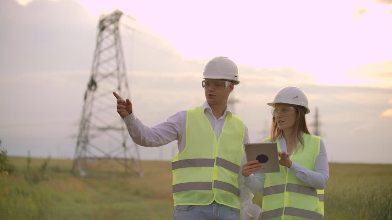 ingenieros de coworking con tabletas en la planta solar. hombres y mujeres adultos con cascos usando tabletas mientras están al aire libre en la plataforma de transformadores. transporte de energía limpia. entrega de energía eólica