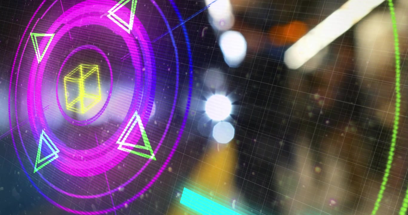 Animation of scope scanning and shapes over diverse people at station