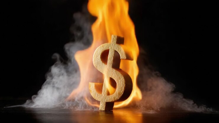 Un simbolo del dollaro avvolto dalle fiamme contrasta con il fumo che si alza, a simboleggiare la natura distruttiva dell'avidità e degli eccessi finanziari in un drammatico quadro di fuoco e denaro