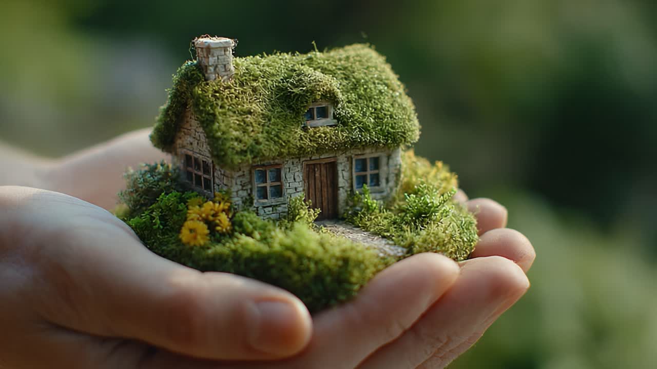 A Beautifully Crafted Miniature House Adorned with Lush Greenery, Perfectly Held in a Person's Hands, Showcasing Nature's Touch and Artistic Detail in Every Aspect