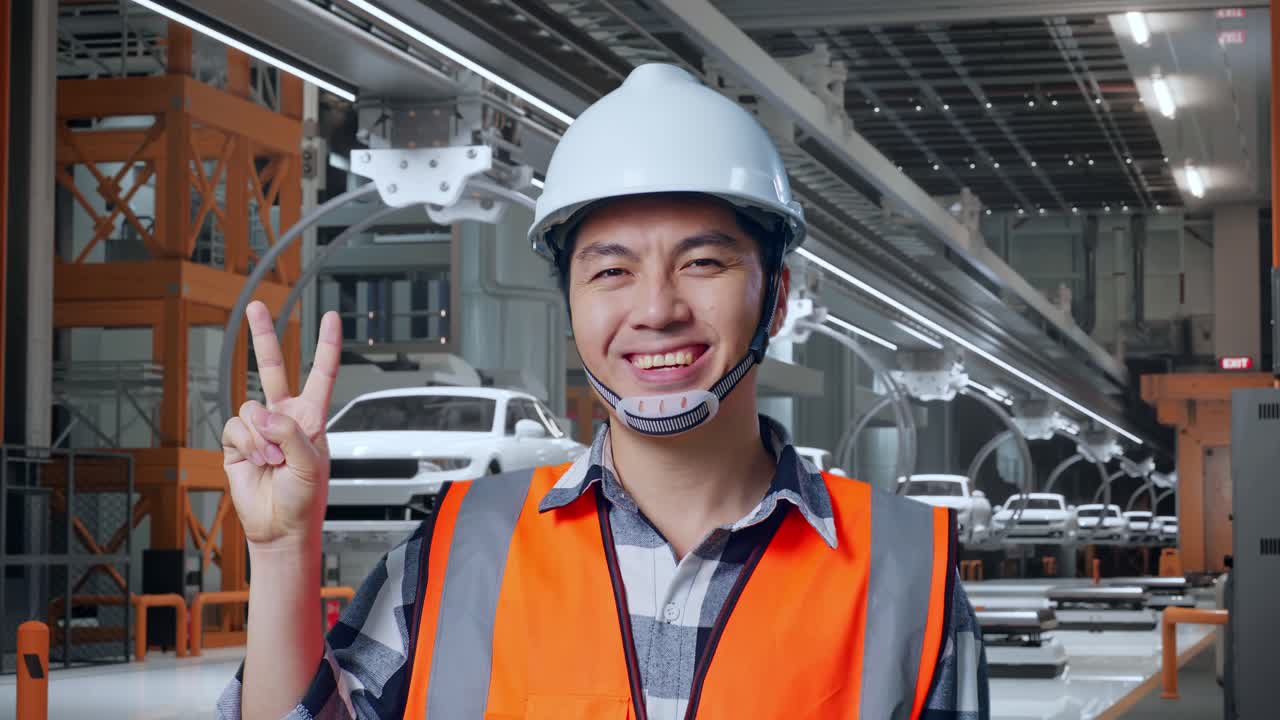 안전 헬을 입은 아시아 남성 엔지니어가 미소 짓고 ev 자동차 공장에서 서서 평화의 몸짓을 보여줍니다.