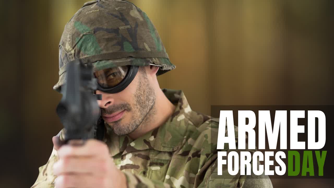 animación de las fuerzas armadas texto del día sobre soldado masculino caucásico