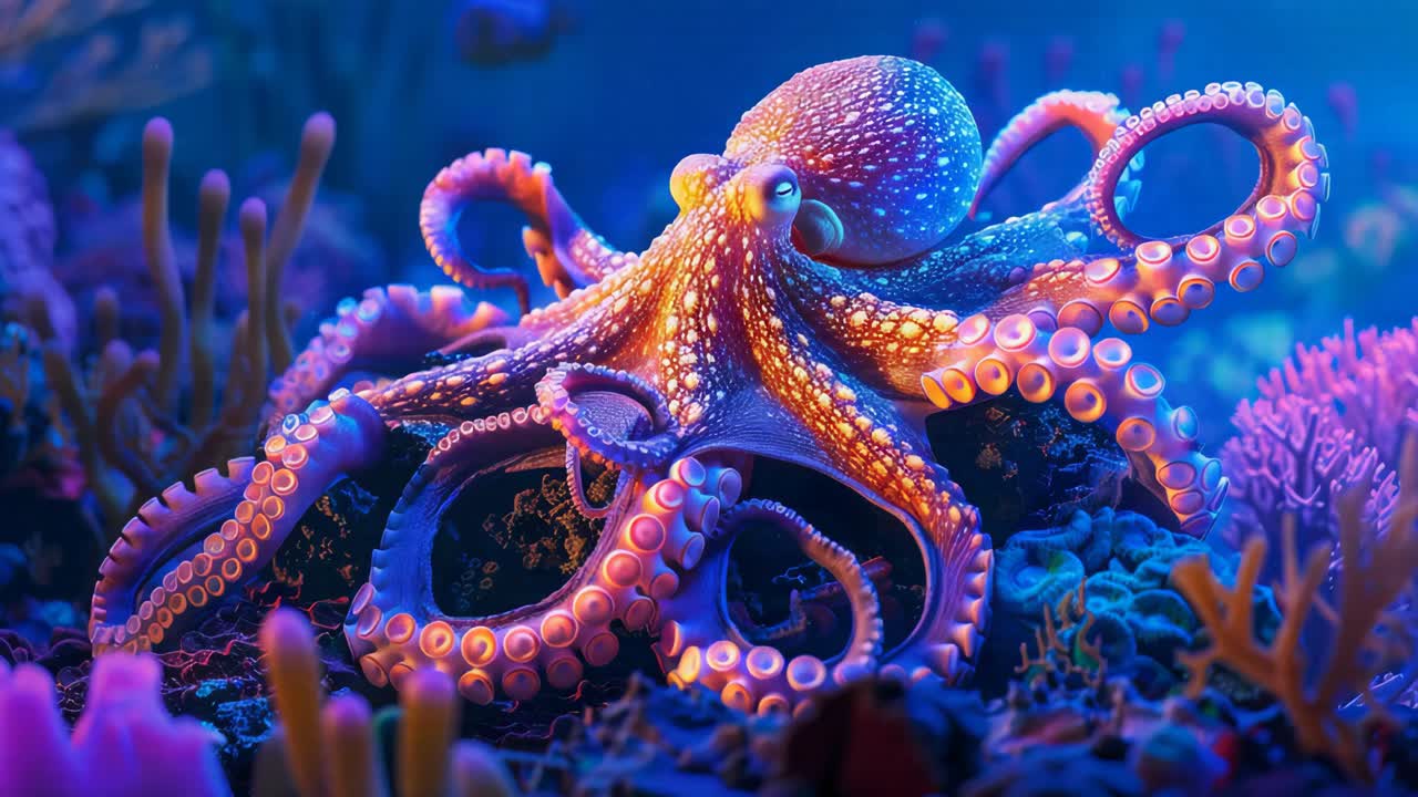 Octopus in a vibrant coral reef environment