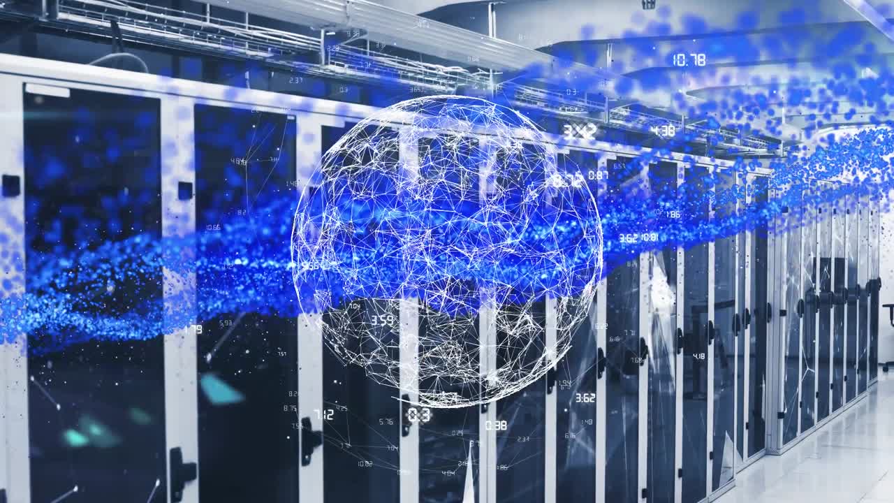 지구, 파란색 정보 선의 애니메이션 및 컴퓨터 서버를 통한 데이터 처리