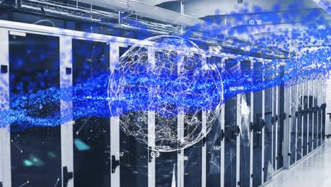 animation of globe, blue information lines and data processing over computer servers