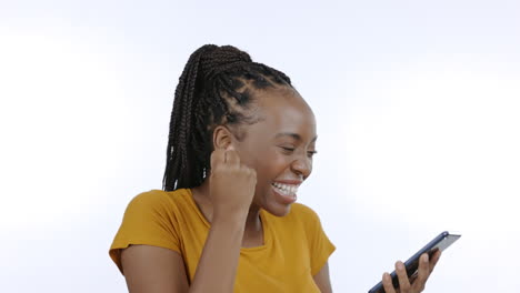 Black-woman,-phone-and-wow-celebration-for-winning