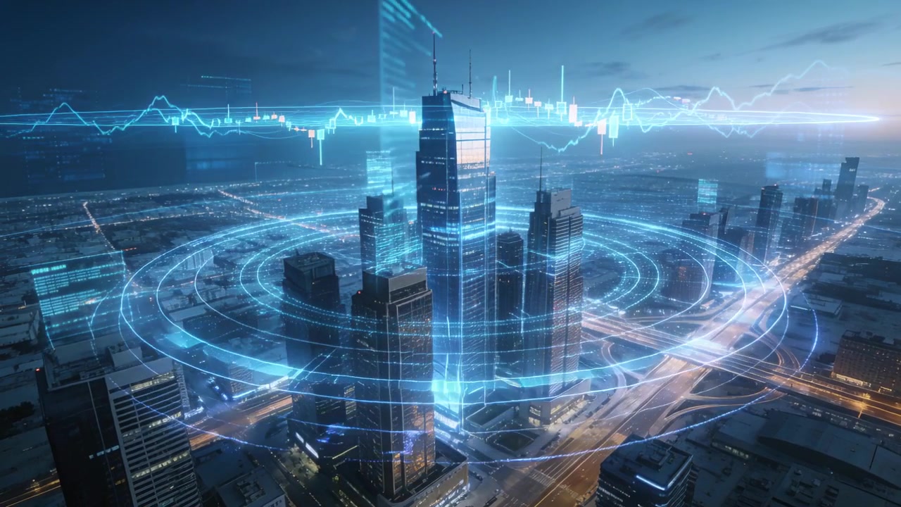 Appearing blue rings around central skyscrapers expanding and scanning downtown