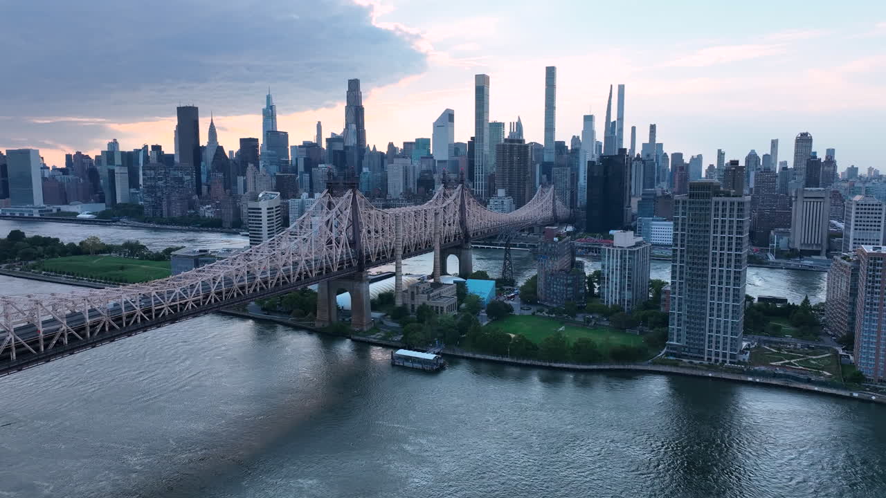 Ed Koch Queensboro Bridge At Sunset In New York City - Aerial Drone Shot
