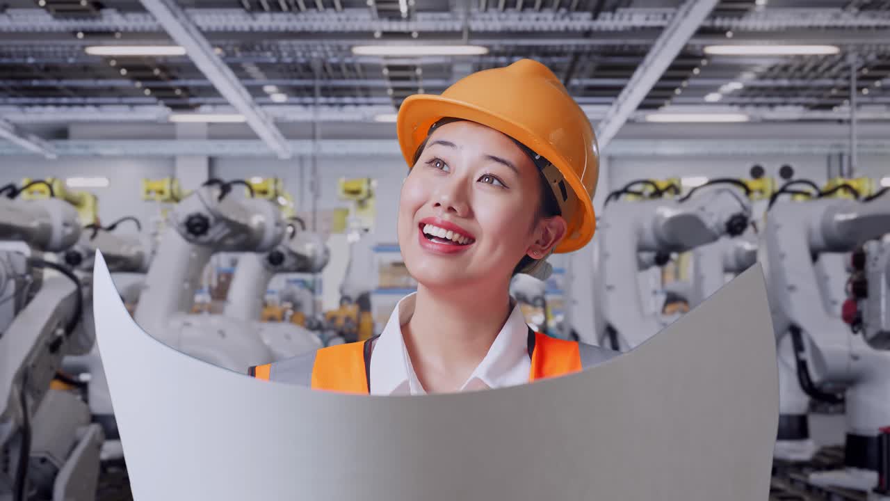 현대 공장 에서 청사진 을 검토 하는 엔지니어