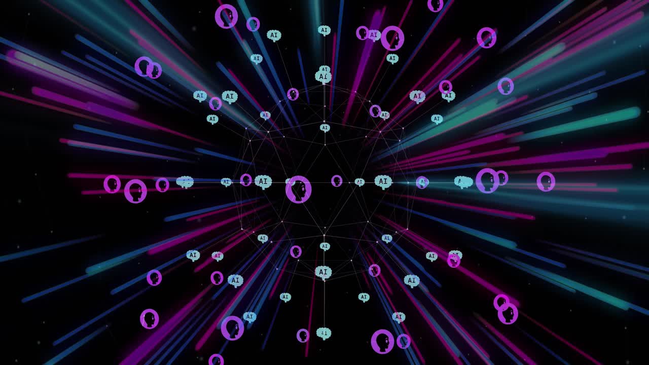 animación de un procesamiento de datos, iconos de chat y red de conexiones en senderos brillantes