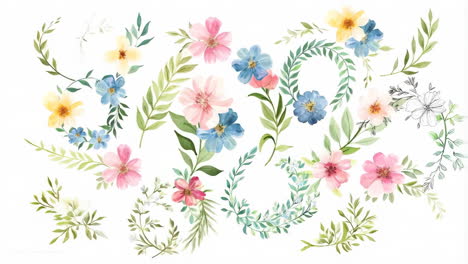 watercolor floral illustrations with pink, blue, and yellow flowers and green leaves