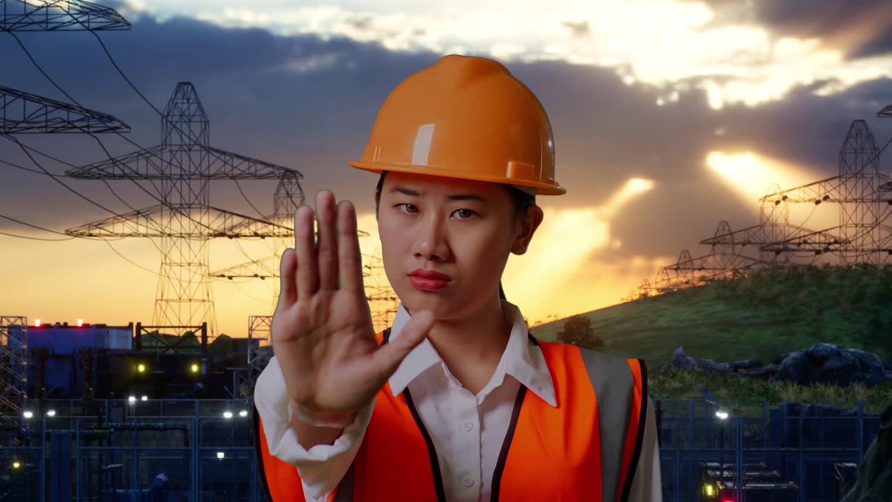 Close Up Of Asian Female Engineer With Safety Helmet Disapproving With No Hand Sign While Standing Near High Voltage Tower
