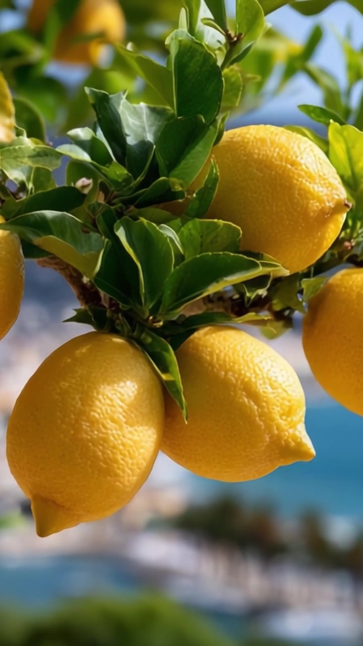 Un primo piano di limoni freschi che pendono da un ramo verde vibrante, con uno sfondo costiero panoramico illuminato dal sole, a significare freschezza e l'abbondanza della natura.