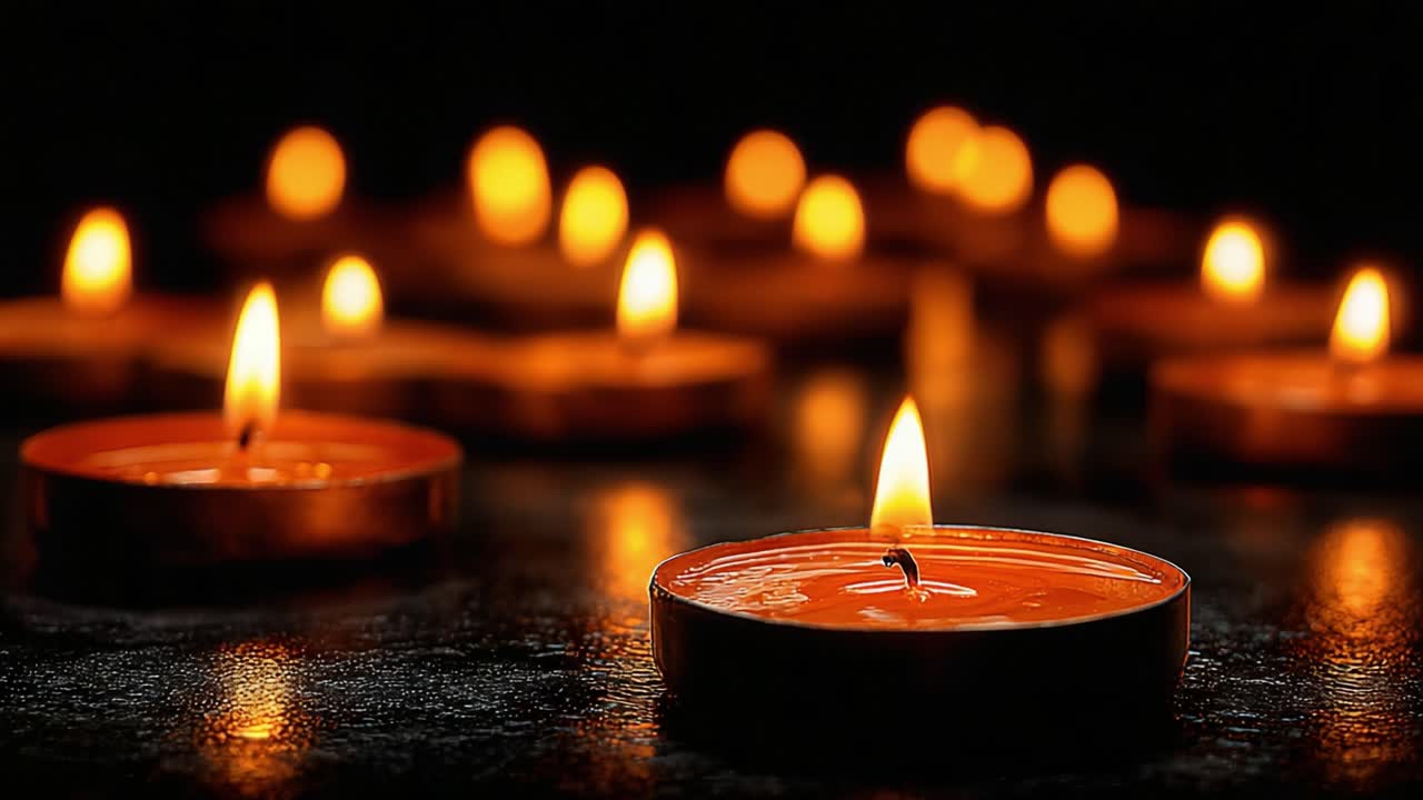 A Warm Glow: Close-Up of Flickering Candles Casting Soft Light in a Darkened Room Creates a Serene and Tranquil Atmosphere of Peace and Reflection