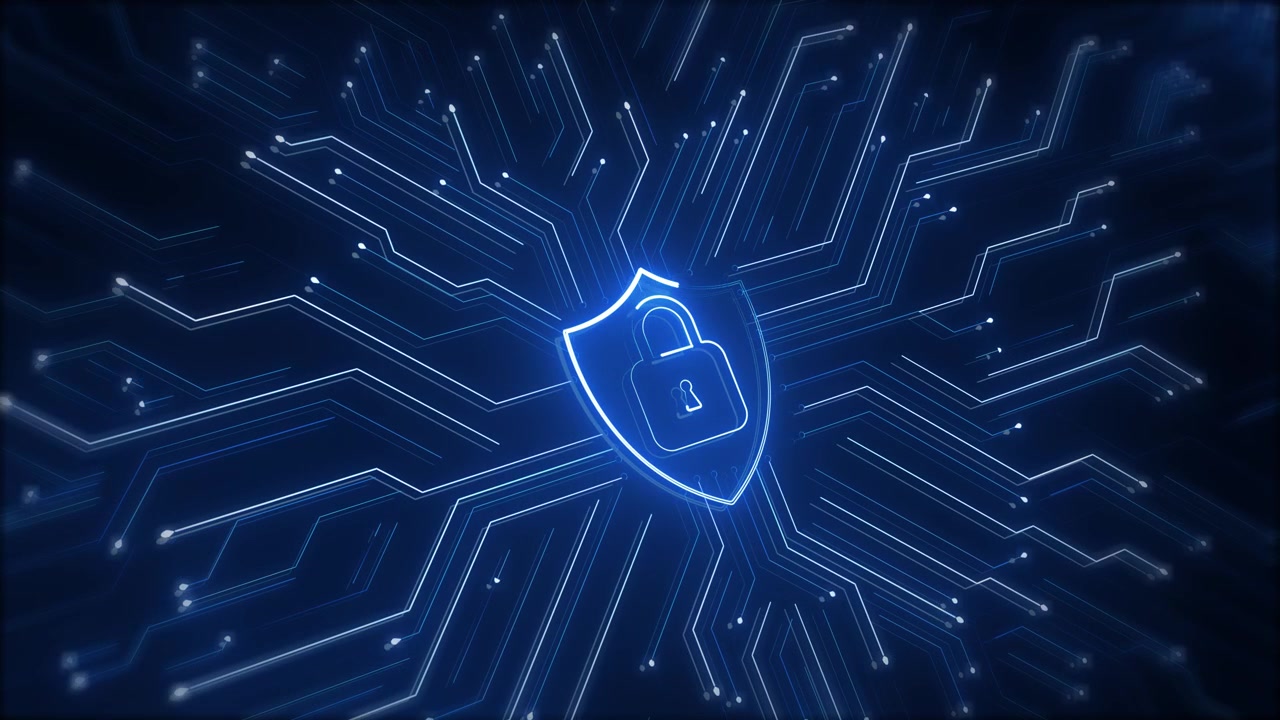 Digital shield data protection background lock symbol blue circuit paths glowing secure network
