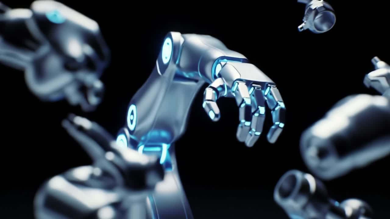 A Futuristic Exploration of Robotic Innovation: Captivating Visuals of Dynamic Robotic Arms in Sleek Metallic Finish and Mesmerizing Light Effects