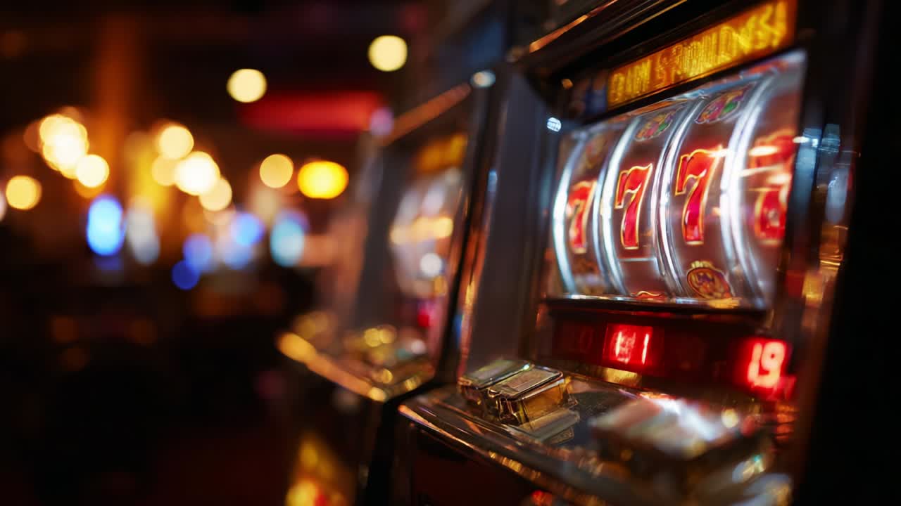 L'emozione delle slot machine illuminate in un ambiente da casinò: uno sguardo ravvicinato ai simboli iconici e alle luci lampeggianti che catturano il brivido del gioco e i momenti vincenti