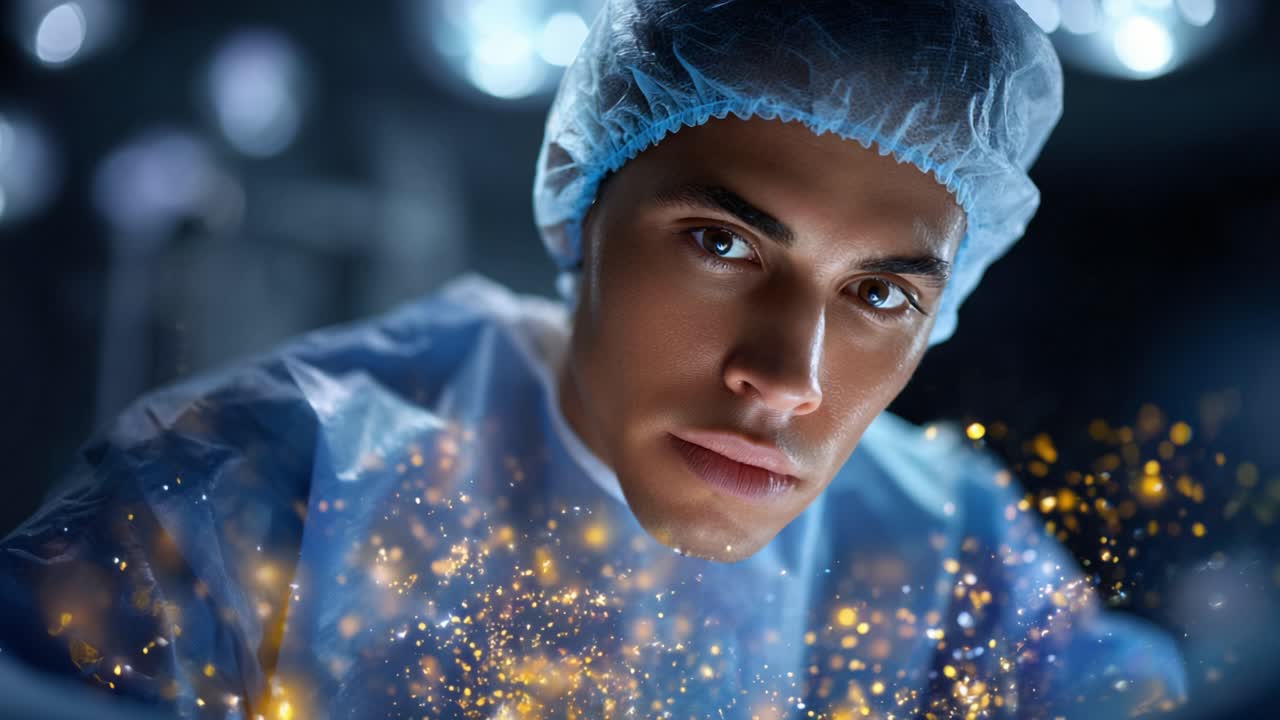 Profissional da área médica concentrado no trabalho: um cirurgião focado contempla procedimentos em uma sala de cirurgia com uma aura brilhante de inovação e cura