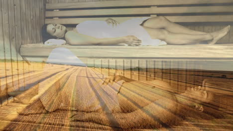 relaxing in sauna, woman over serene agricultural landscape