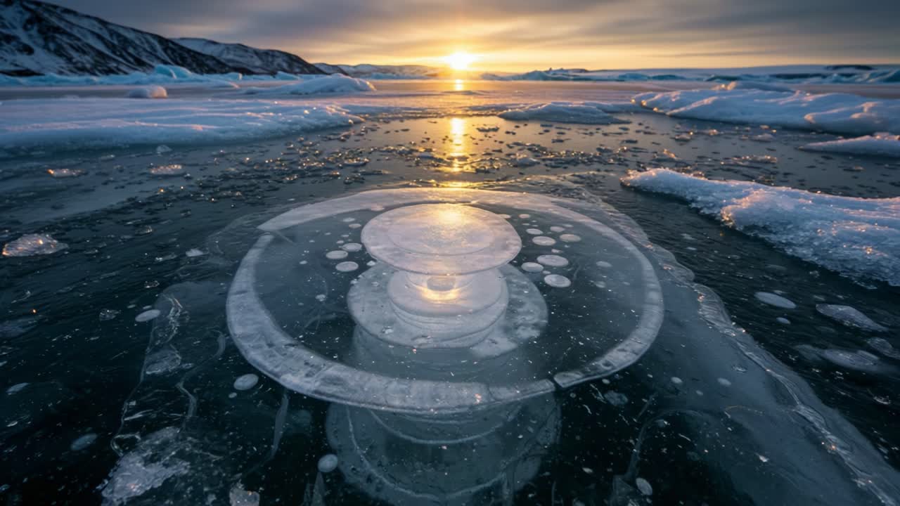 A Stunning Frozen Landscape: Captivating Ice Formations and Bubbles Beneath a Golden Sunset Over a Calm Icy Lake