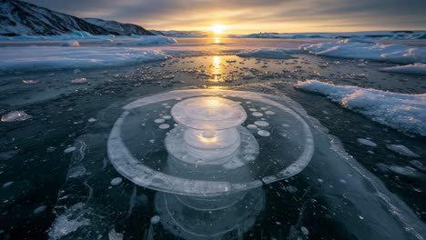 a stunning frozen landscape: captivating ice formations and bubbles beneath a golden sunset over a calm icy lake