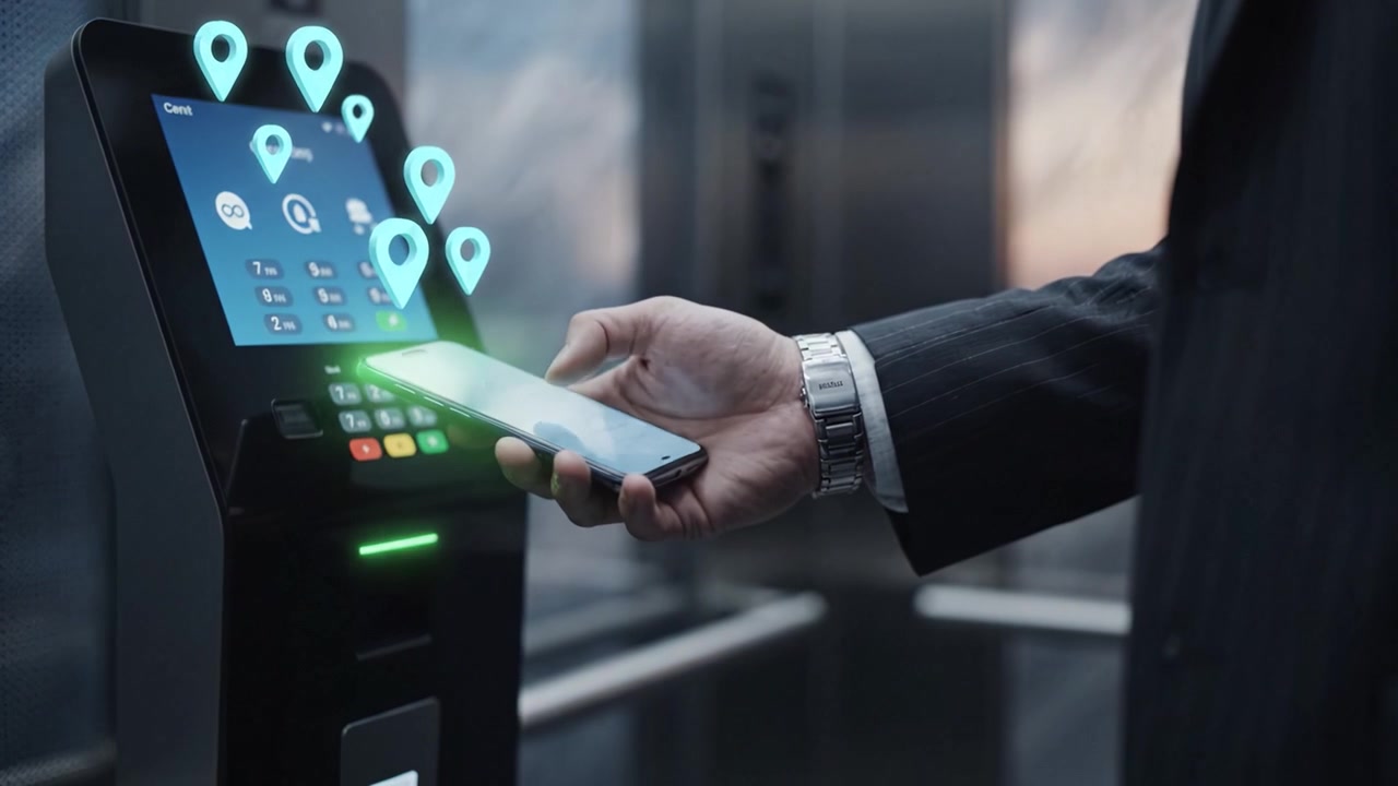 Un Professionista in Ascensore con un Dispositivo Touchscreen Intelligente per Accedere a Varie Funzionalità e Servizi Durante il Suo Tragito